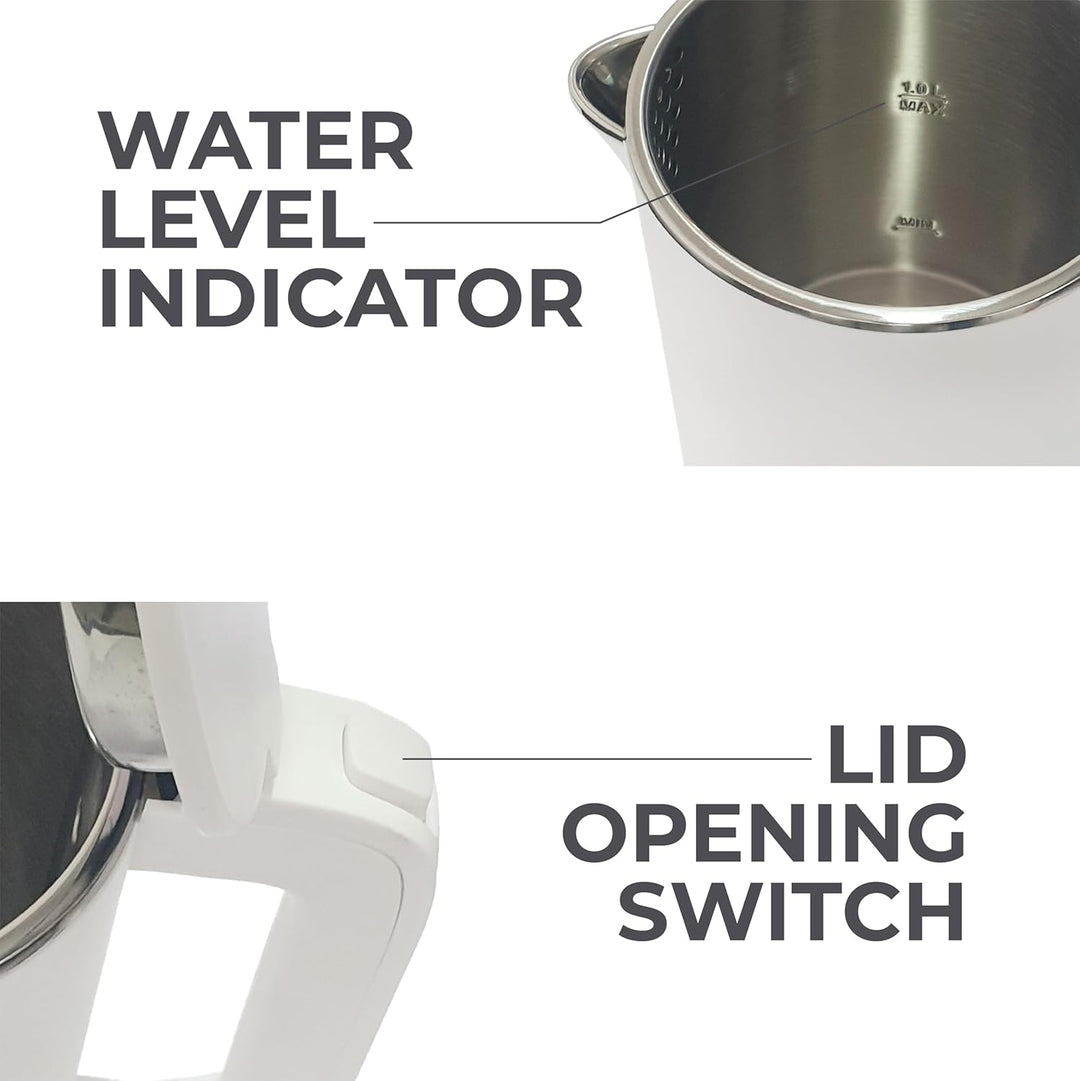 Muller Kitchen MK-6061 Elektrischer Wasserkocher, 1 l, 1000 W, doppelwandig, 360-Grad-Drehfuss, auto