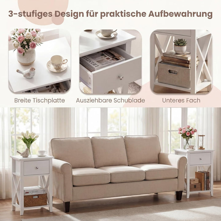 COSTWAY X-förmige Beistelltisch 2er Set, Moderner Nachttisch mit Schublade & unterem Ablagefach, vie