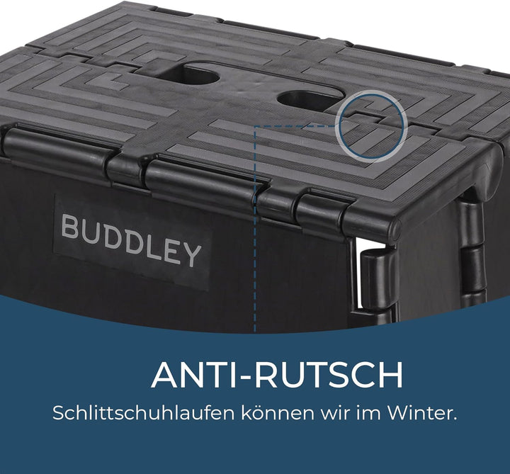 BUDDLEY Tritthocker klappbar – 32 cm hoher Tritt mit Anti-Rutsch-Design - Tragfähigkeit bis 99 kg -