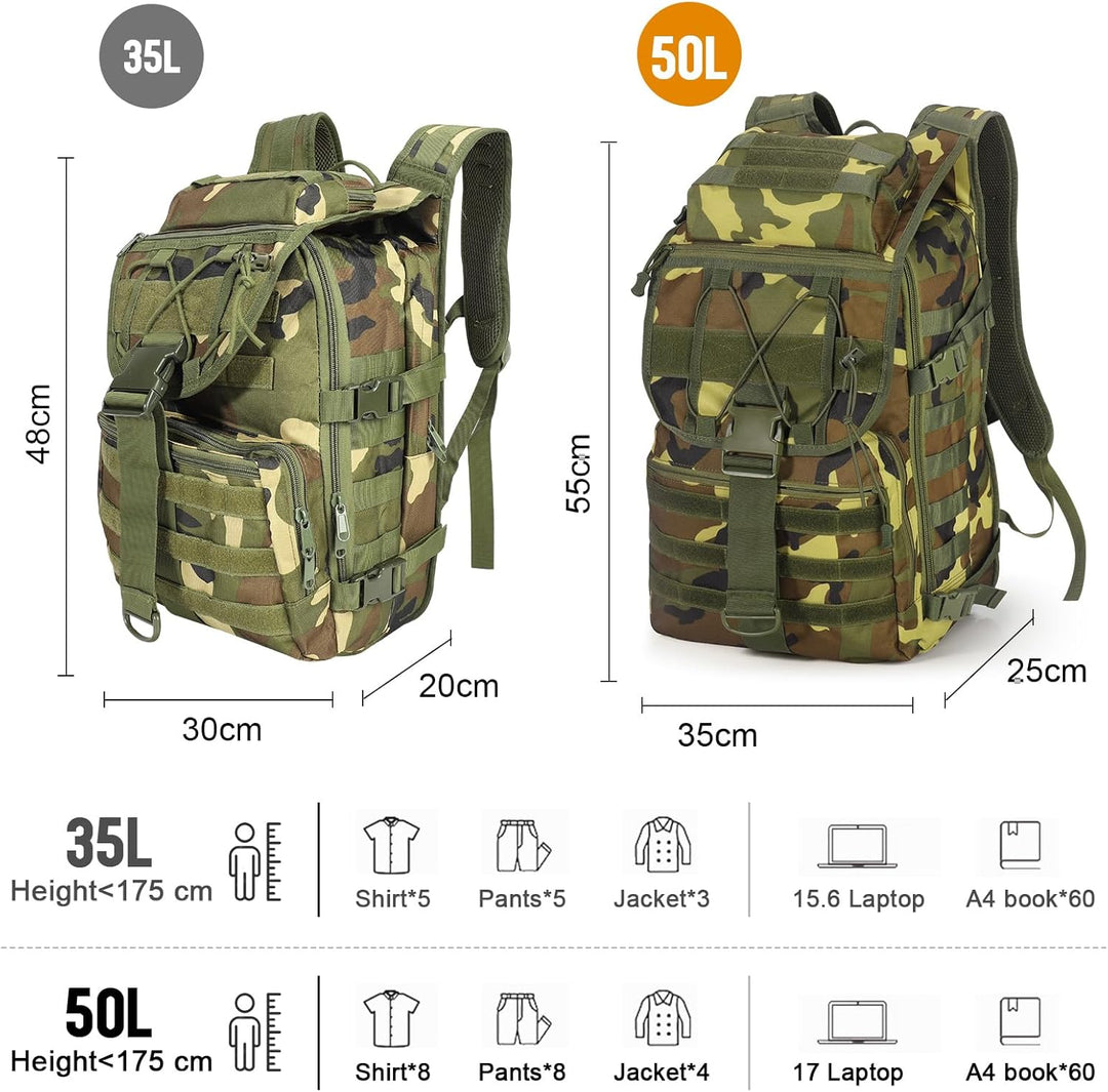 SHANNA Militärrucksack 35L/50L Armee Rucksack Molle, Hohe Kapazität Trekkingrucksack Wanderrucksäcke