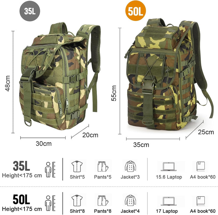SHANNA Militärrucksack 35L/50L Armee Rucksack Molle, Hohe Kapazität Trekkingrucksack Wanderrucksäcke