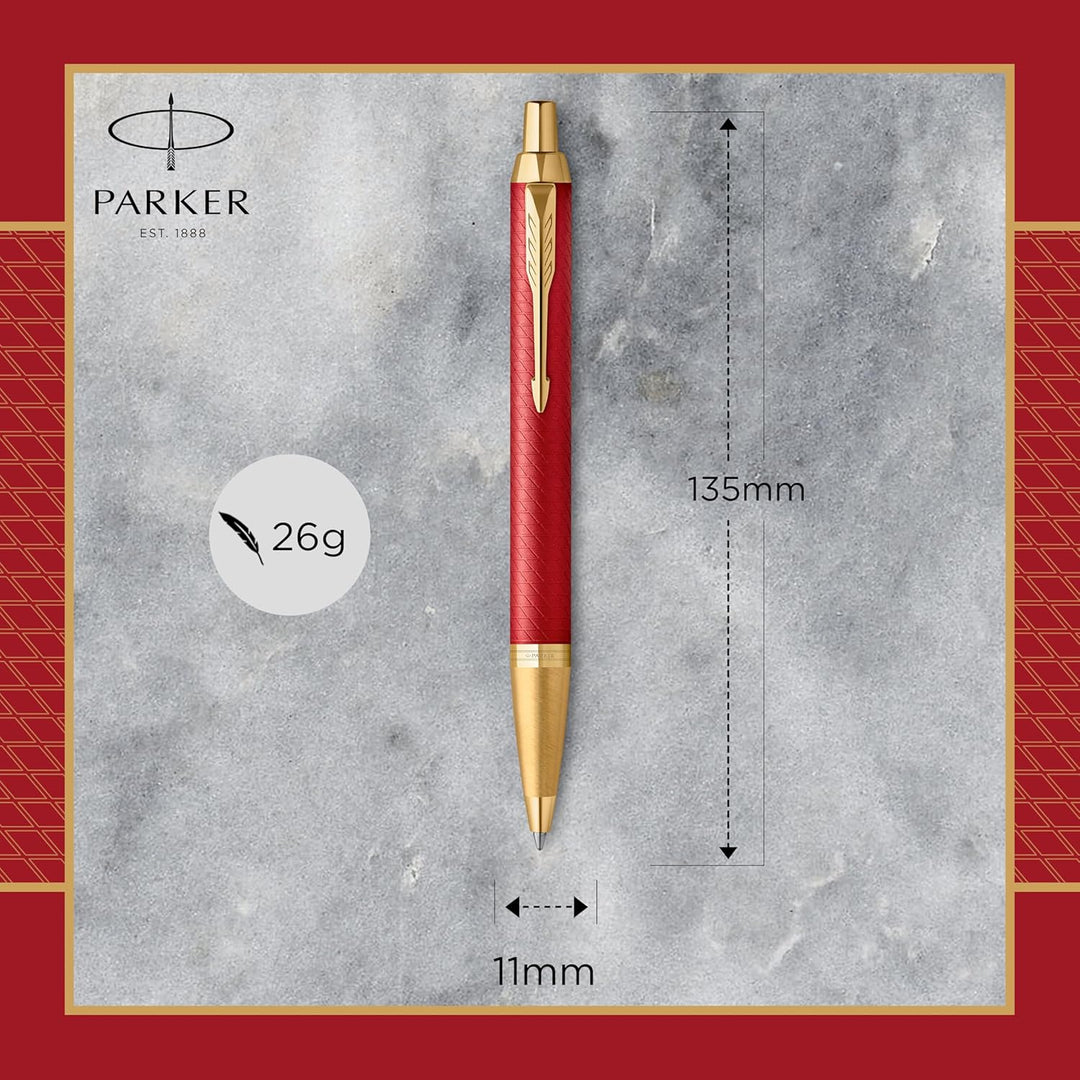 Parker IM Kugelschreiber, rote Premiumlackierung mit goldenen Zierteilen, mittlere Schreibspitze mit