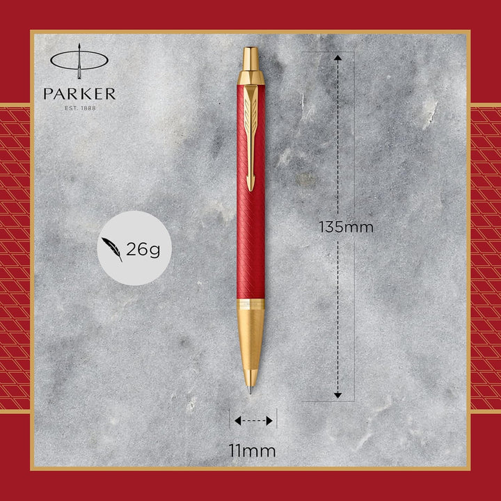 Parker IM Kugelschreiber, rote Premiumlackierung mit goldenen Zierteilen, mittlere Schreibspitze mit