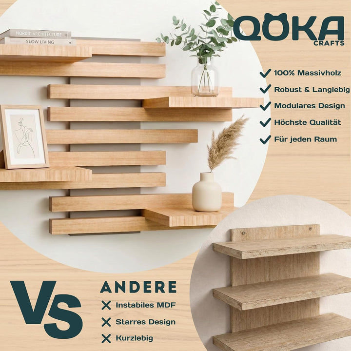 Wandregal Holz Hängend - Modulares Bücherregal Set aus Massivholz - Schwebendes Regalbrett für Wohnz