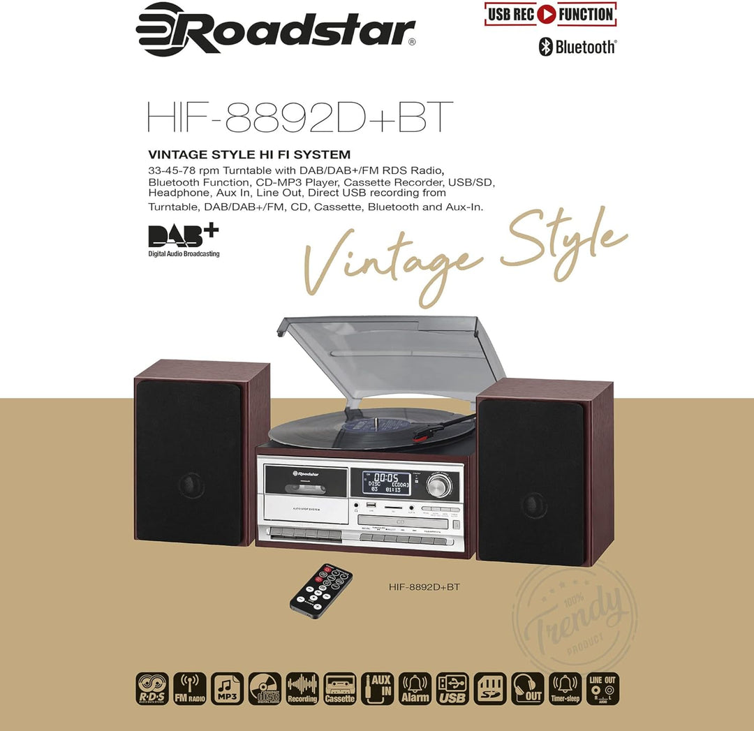 Roadstar HIF-8892 D+BT Stereoanlage (Retro-Musikanlage mit Plattenspieler, CD-Player, DAB+, Bluetoot