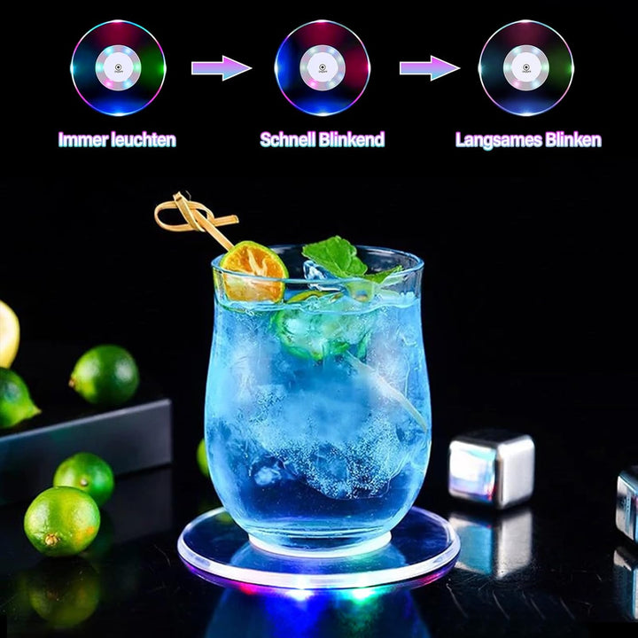 4er-Set Bunt LED Untersetzer für Getränke, ON/Off Wasserdicht Rund Untersetzer Acryl für Gläser Flas