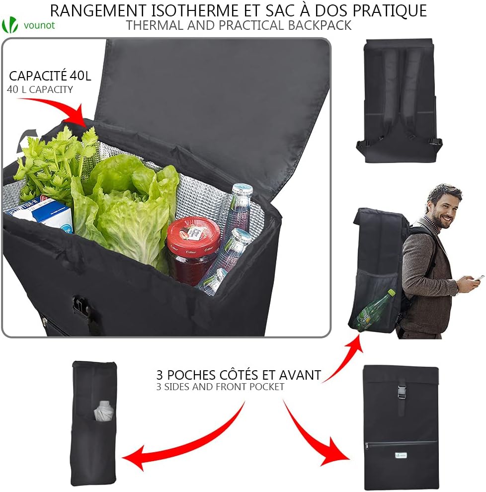VOUNOT Einkaufstrolley Treppensteiger mit Kühlfach, Einkaufswagen Klappbar mit 3 Räder, 40 L, 40 L