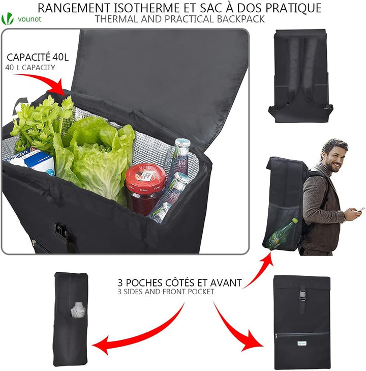 VOUNOT Einkaufstrolley Treppensteiger mit Kühlfach, Einkaufswagen Klappbar mit 3 Räder, 40 L, 40 L