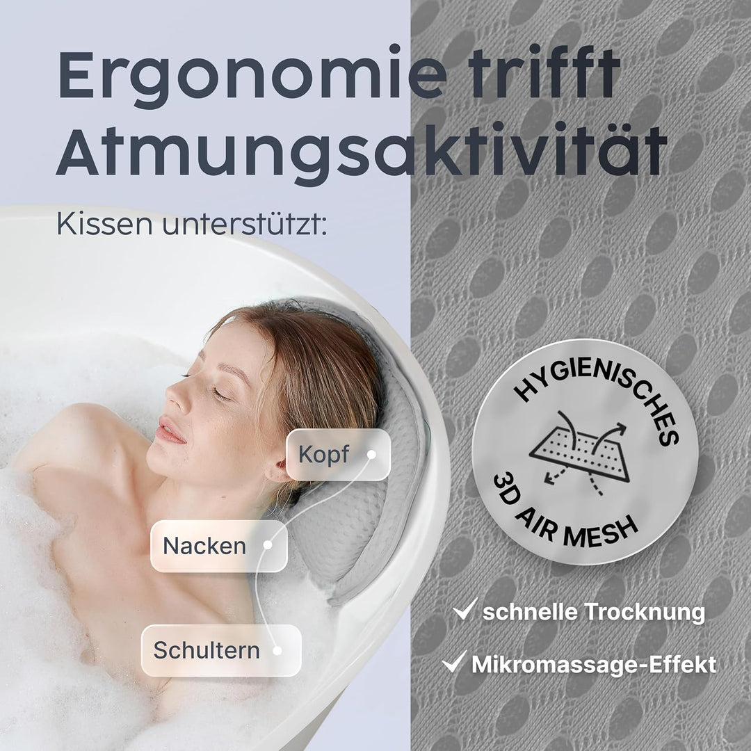 Vesta+ Badewannenkissen Grau L mit Saugnäpfen, Badekissen Testsieger als Badewannenkissen Nacken &amp; N
