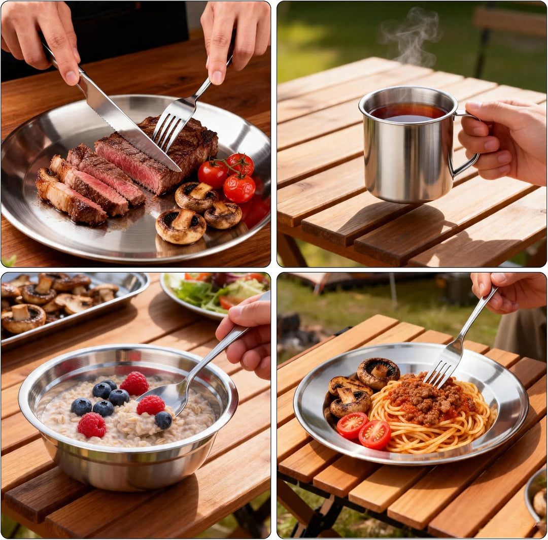 Campingbesteck Set 1 Person, Camping Geschirr Set Edelstahl mit Schalen Teller Tassen Gabeln Löffel