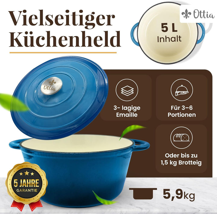 Ottia Gusseisen Topf brot backen [inkl. Gärkorb] - Emaille Topf 26cm - Dutch Oven, Brotbackform, Bro