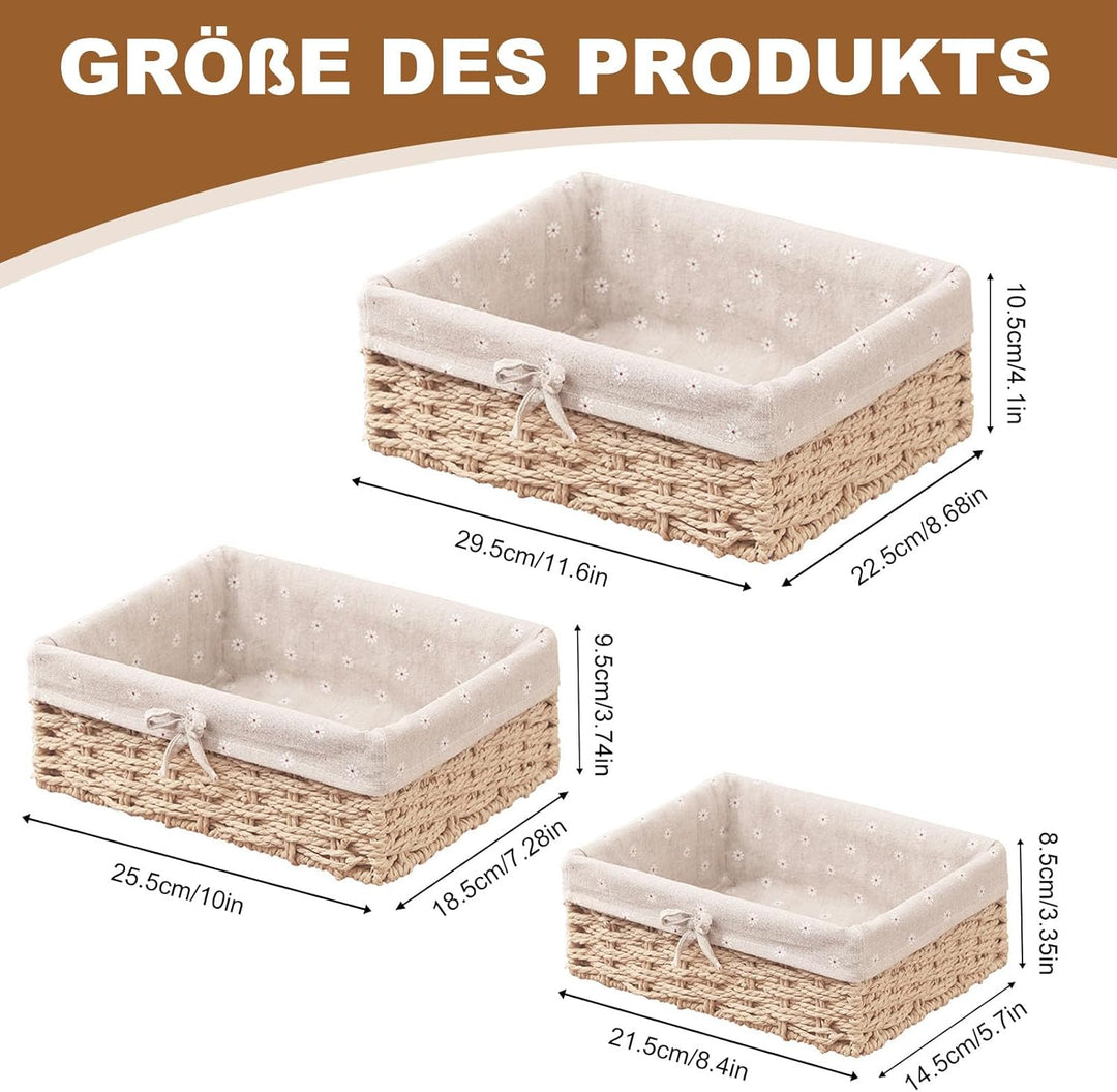 Brotkorb 3er Set, Brotkorb Geflochten mit Baumwolleinsatz, Aufbewahrungskorb Geflochten, Brötchenkor