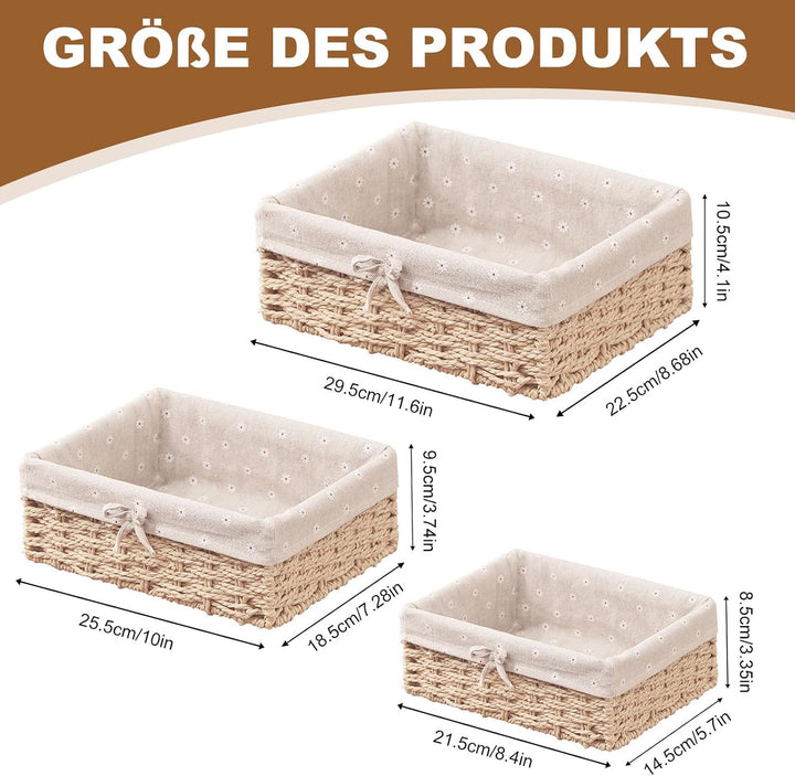 Brotkorb 3er Set, Brotkorb Geflochten mit Baumwolleinsatz, Aufbewahrungskorb Geflochten, Brötchenkor