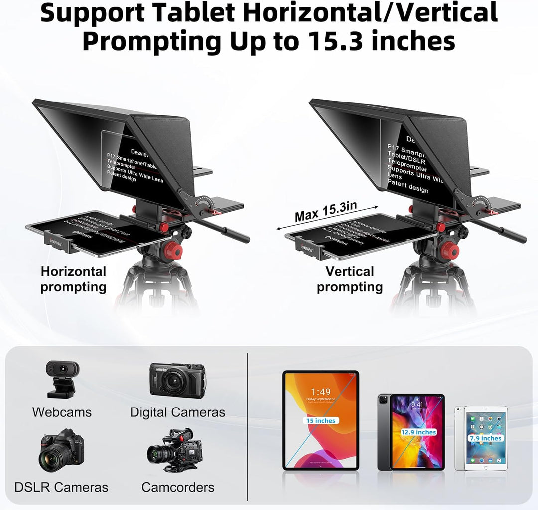 Desview P15 Aluminiumlegierung Hebbarer Teleprompter, 15 Zoll Prompter für iPad Tablet Smartphone DS
