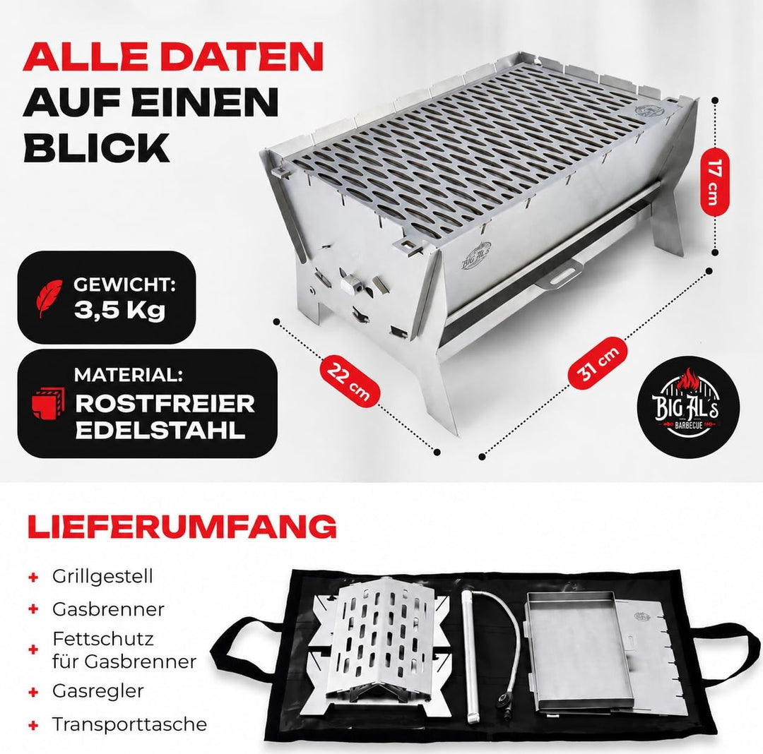 Little Bro Mobiler Steckgrill 2-in-1 Edelstahl Grill für Gas &amp; Kohle - Inkl. Tasche (Grillmatte) &amp; S