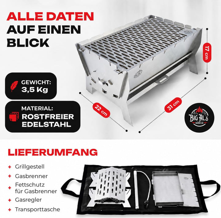 Little Bro Mobiler Steckgrill 2-in-1 Edelstahl Grill für Gas &amp; Kohle - Inkl. Tasche (Grillmatte) &amp; S