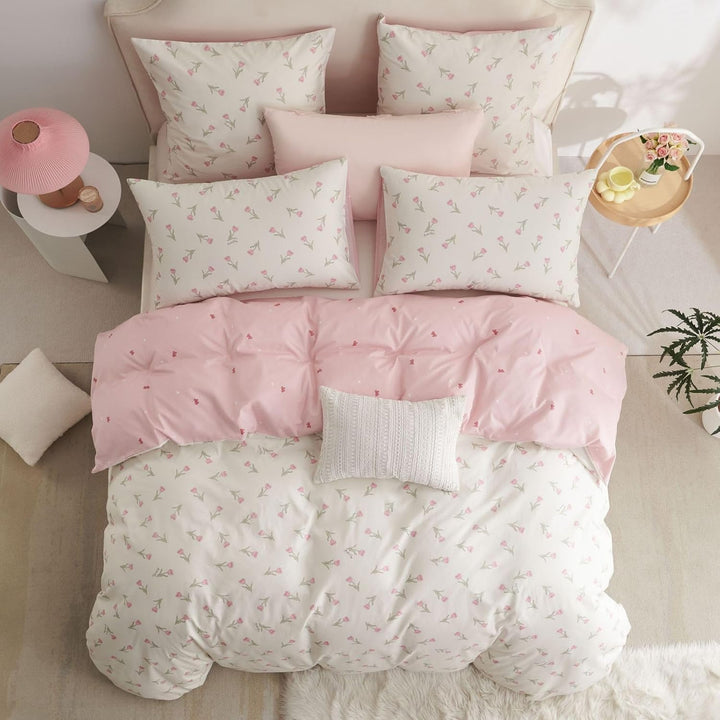 Baumwolle Bettwäsche Set 135x200cm 2teilig Weiss Rosa Grün Blumen Floral Bettwäsche Blumenmuster Mäd