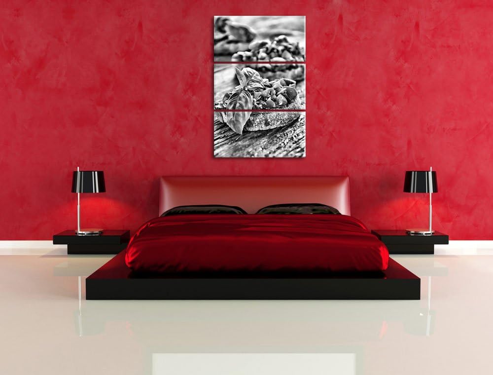 Pixxprint Monocrome, Köstliche Tomaten Bruchetta 3-Teiler Leinwandbild 120x80 Bild auf Leinwand