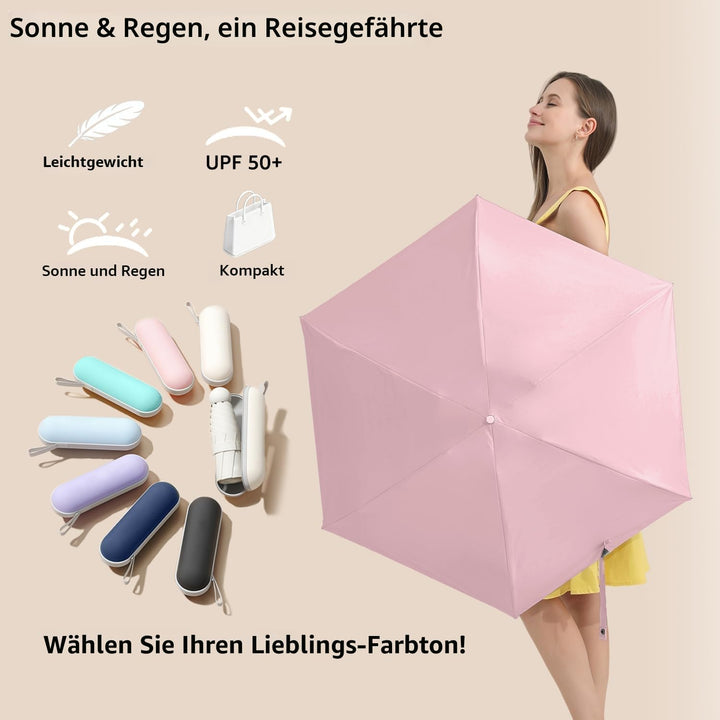 BAODINI Reise-Mini-Regenschirm für Geldbörse mit Etui, kleiner, kompakter UV-Regenschirm, Sonnenlich
