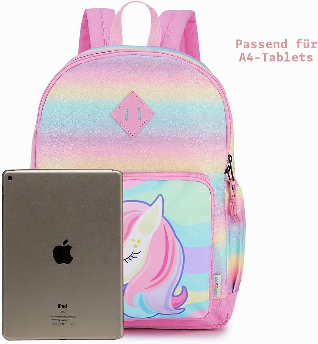 VASCHY Mädchen Schulrucksack 4-6 Jahre Schulrucksack mit Seitentaschen und Brustgurt 127-einhorn, 12