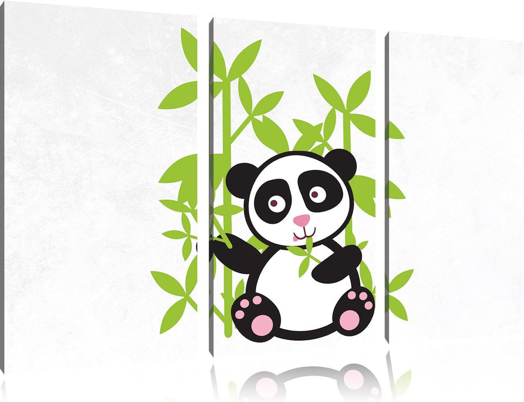 Pixxprint Süsser Panda mit Bambus / 3-Teilig/Gesamtmass 120cm Leinwandbild bespannt auf Holzrahmen/W