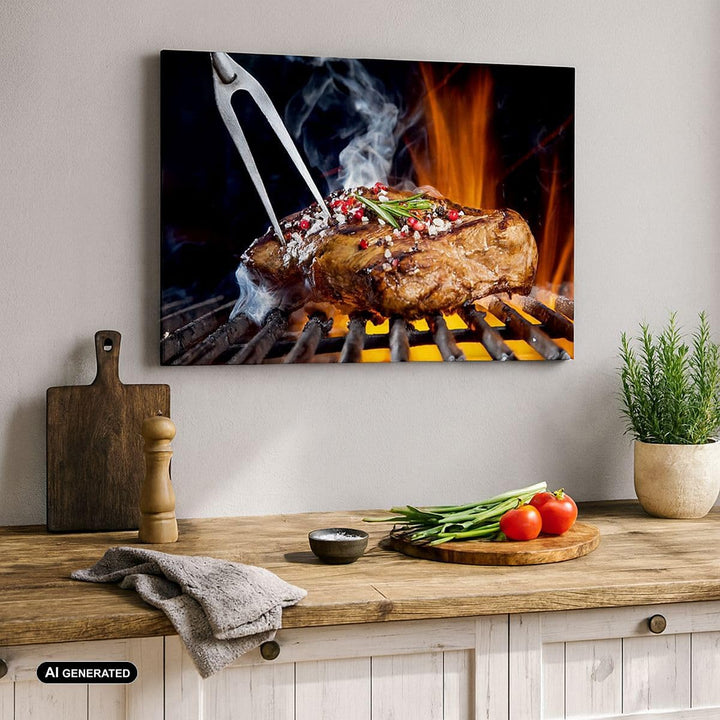 Bilder auf Leinwand 100x70cm Leinwandbild Steak Grill Flammen Essen Gross Wanddeko Bild Schlafzimmer