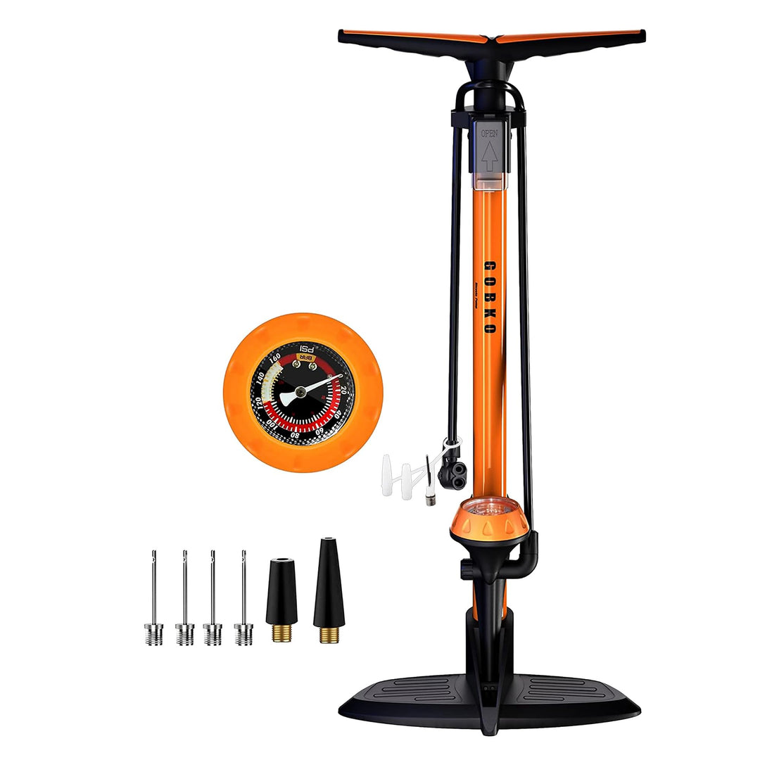 GOBKO Bike Standpumpe, Standluftpumpe, Fahrradpumpe mit grossem Manometer zur Druckanzeige, Dualkopf
