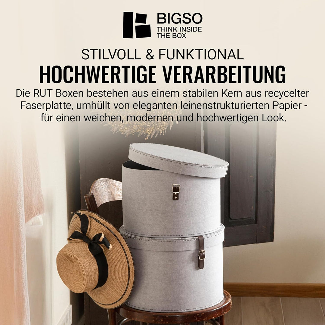 BIGSO RUT 2er-Set Aufbewahrungsbox mit Deckel – runde Ordnungsbox mit Lederriemen – grosse und klein