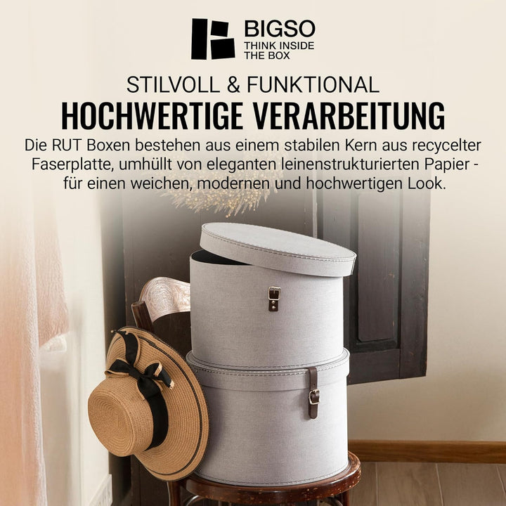 BIGSO RUT 2er-Set Aufbewahrungsbox mit Deckel – runde Ordnungsbox mit Lederriemen – grosse und klein