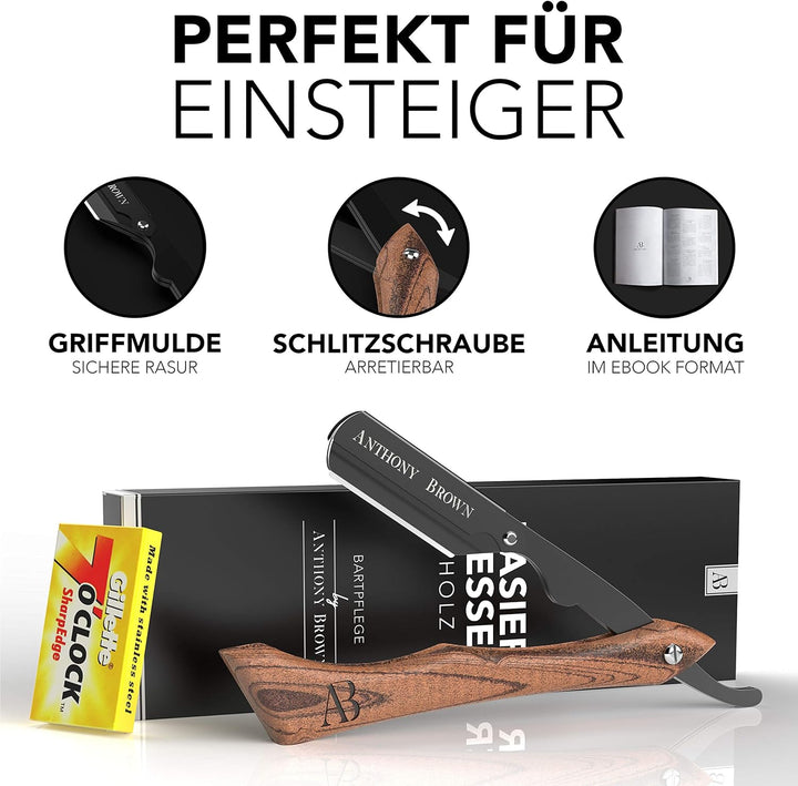 Anthony Brown® Rasiermesser Holz in Schwarz oder Silber - einzigartiger Klingenkopf für mehr Präzisi