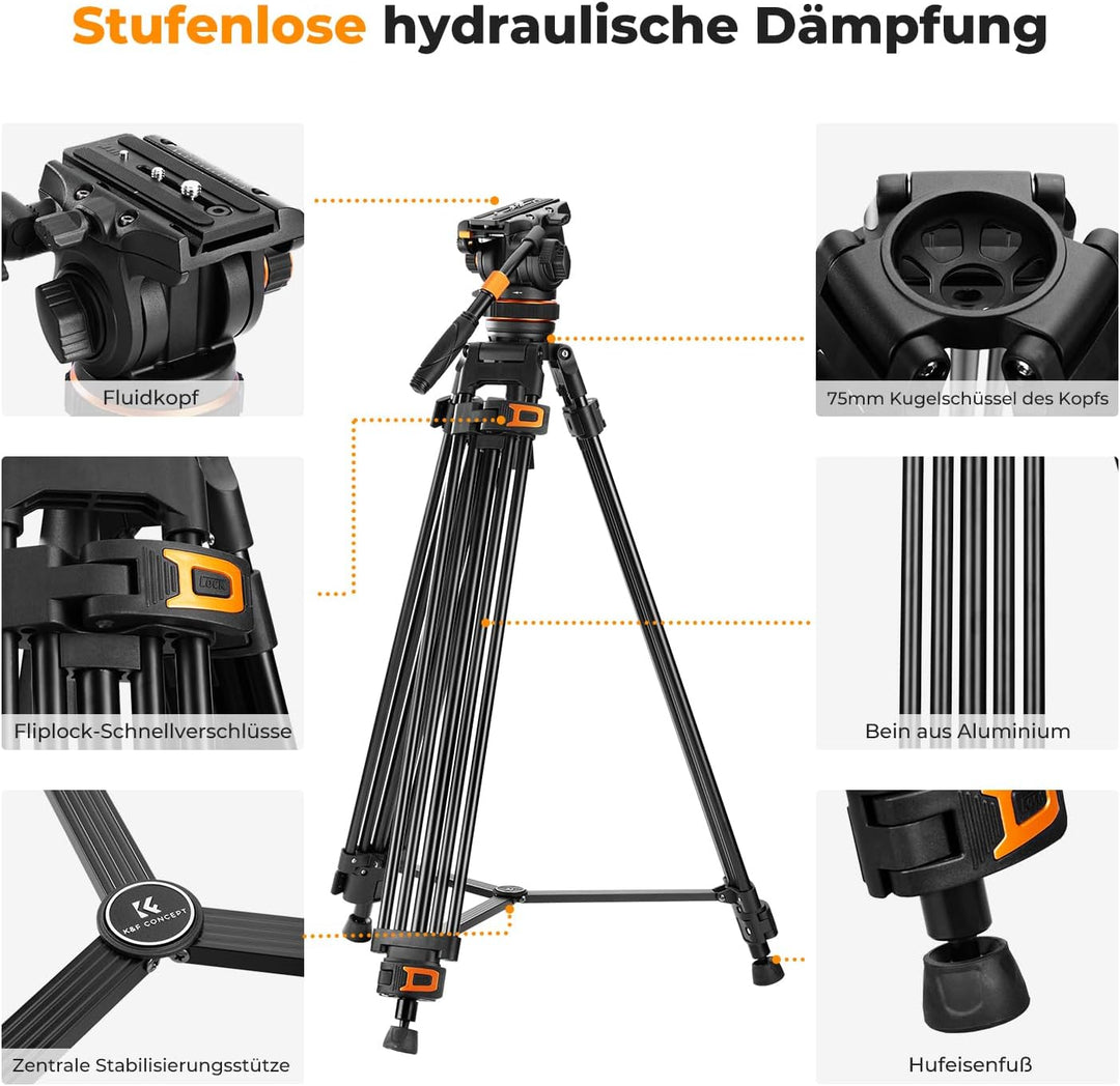 Video stativ, K&F Concept VA3+BV20 Kamera Stativ,Videostativ mit 360°Fluidkopf,191cm Video Tripod, K
