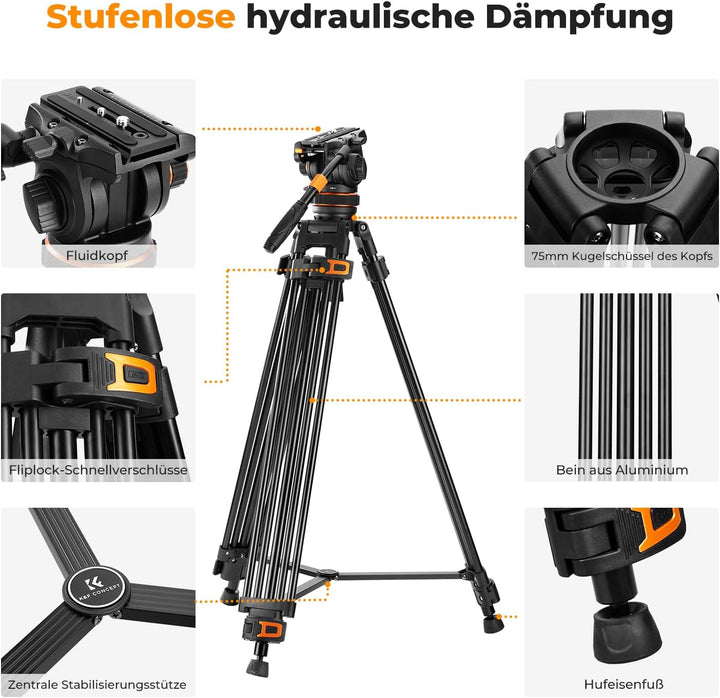 Video stativ, K&F Concept VA3+BV20 Kamera Stativ,Videostativ mit 360°Fluidkopf,191cm Video Tripod, K