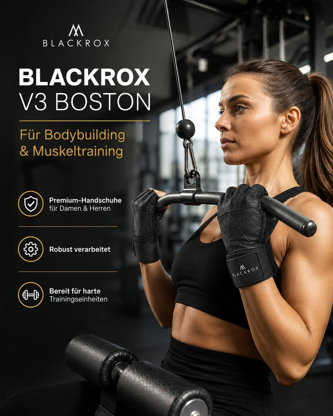 BLACKROX Fitnesshandschuhe echtes Leder Herren &amp; Damen V3 Boston Kraftsport Handgelenkschutz Trainin