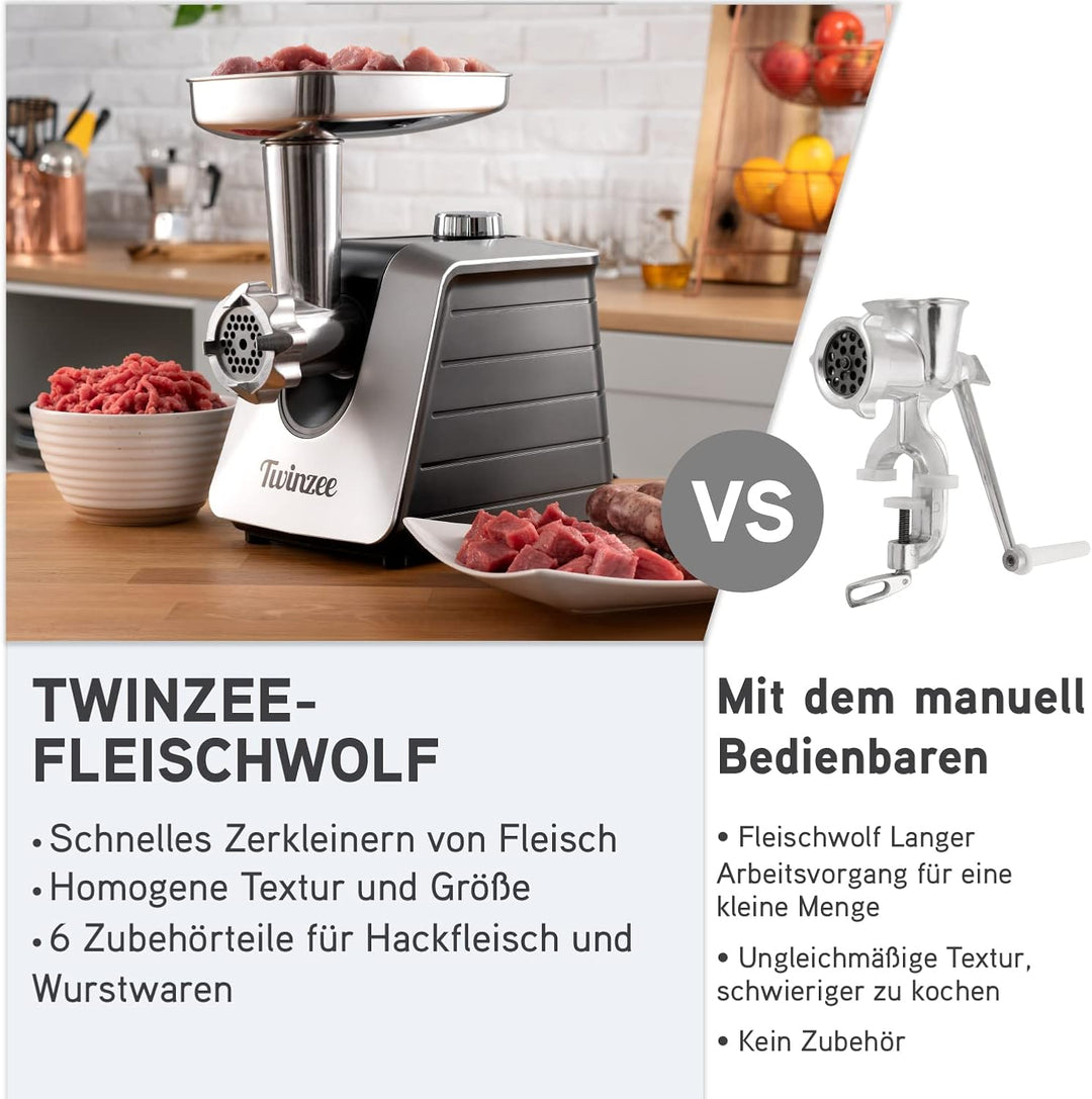 Twinzee - Elektrischer Fleischwolf mit Wurstfüller, Schwarz - Für Fleisch und Wurst - Küchenmaschine