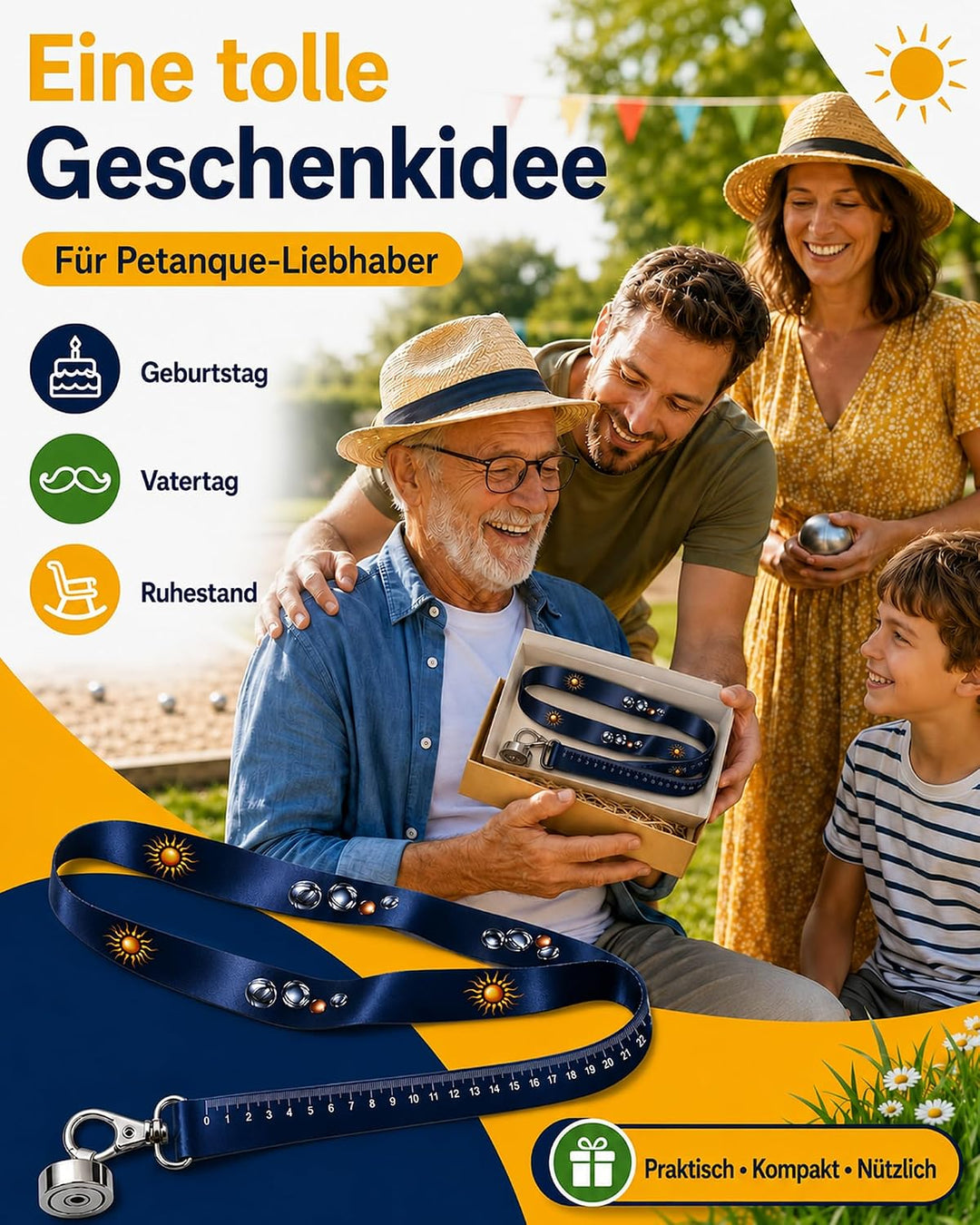 Pétanque-Kugeln, magnetisch, mit Magnet 2,5 cm und Schutzscheibe, Petanque, Zubehör, Riemen 65 cm, m