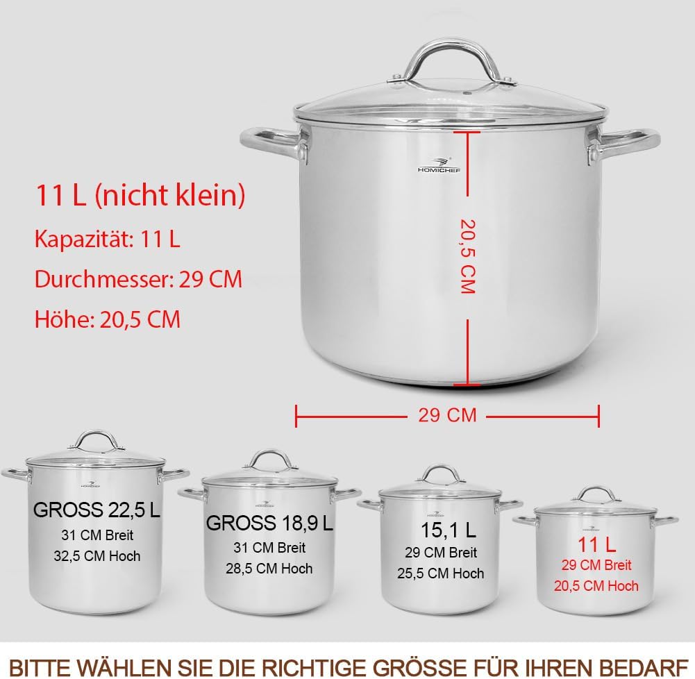 HOMICHEF Grosser Suppentopf mit Deckel aus nickelfreiem Edelstahl (29 cm, 11 Liter) – Hochglanzpolie