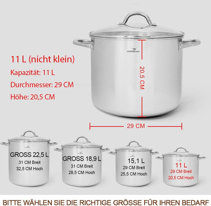 HOMICHEF Grosser Suppentopf mit Deckel aus nickelfreiem Edelstahl (29 cm, 11 Liter) – Hochglanzpolie