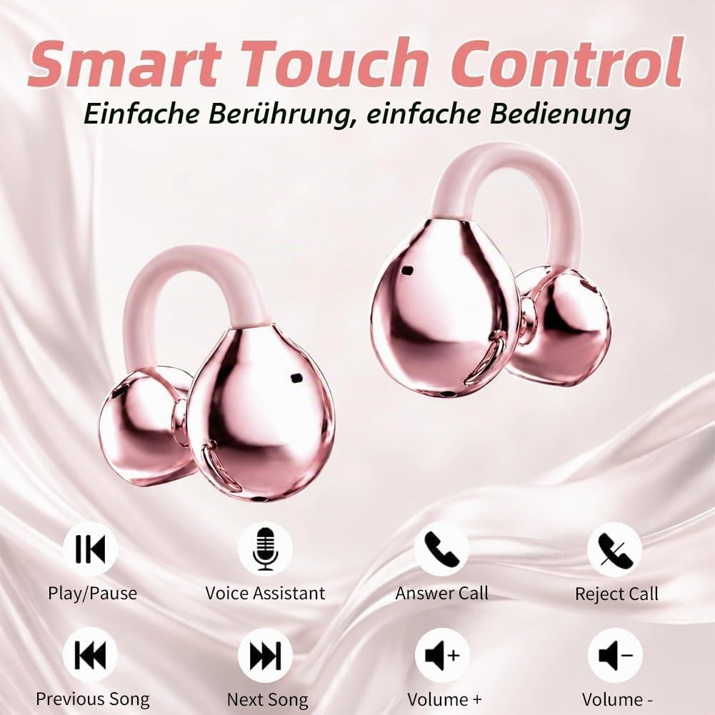 Open Ear Kopfhörer Bluetooth Kabellos, Clip-On Ohrhörer mit Bluetooth 6.0, Ladecase mit LED Kosmetik