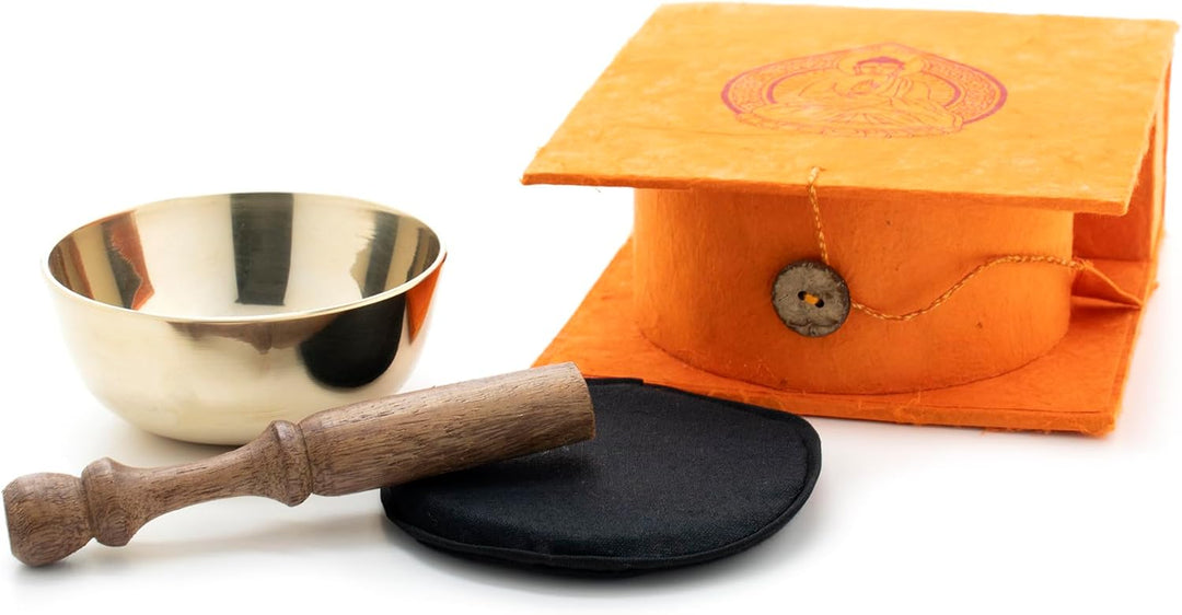 Kleine Meditations-Klangschale in Buddha-Geschenkbox I Inkl. Unterlage/Holzklöppel I Fair Trade aus