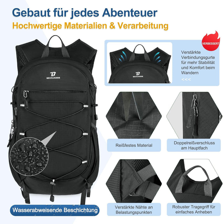 BECOJADDE 20L Kleiner Wanderrucksack Tagesrucksack Herren Damen Leichter Faltbarer Rucksack mit Brus