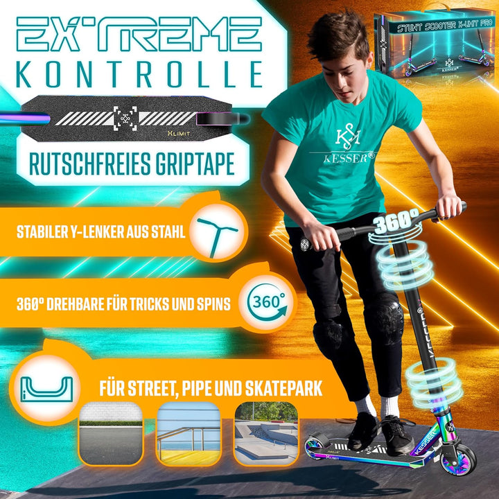 KESSER® Stunt Scooter X-Limit-Pro 360° Lenkung Funscooter Stuntscooter mit Ständer ABEC 9 Kugellager