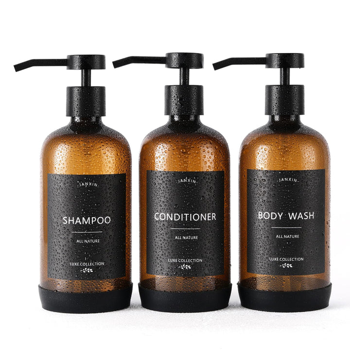Janxin Shampoo- und Spülungsspender, Set mit 3 nachfüllbaren 600 ml Shampoo-Flaschen mit rutschfeste