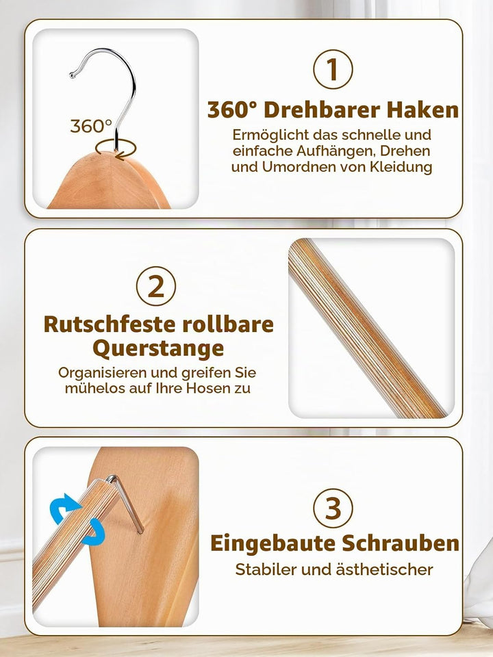 HOUSEDAY Kleiderbügel Holz 6 Stück, Holzbügel Breite Schulterauflage, 360°Drehbarer Haken rutschfest