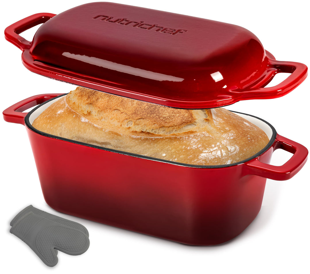 NutriChef Gusseisen Topf - Brotbacktopf - mit Deckel - 25,4 cm ovaler Brottopf mit Silikonhandschuhe