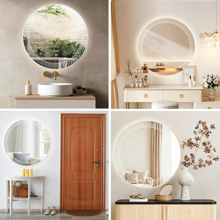 Rund Badezimmer Wandspiegel mit LED Beleuchtung, 80cm | Spiegel mit Linienmuster Licht, Touch Schalt