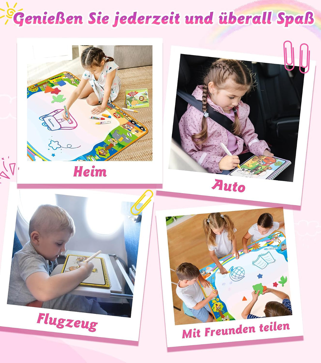lenbest Aqua Magic Doodle Matte - 100×100cm Wasser Doodle Matte XXL - Malmatte mit 4 Wasserstift - G