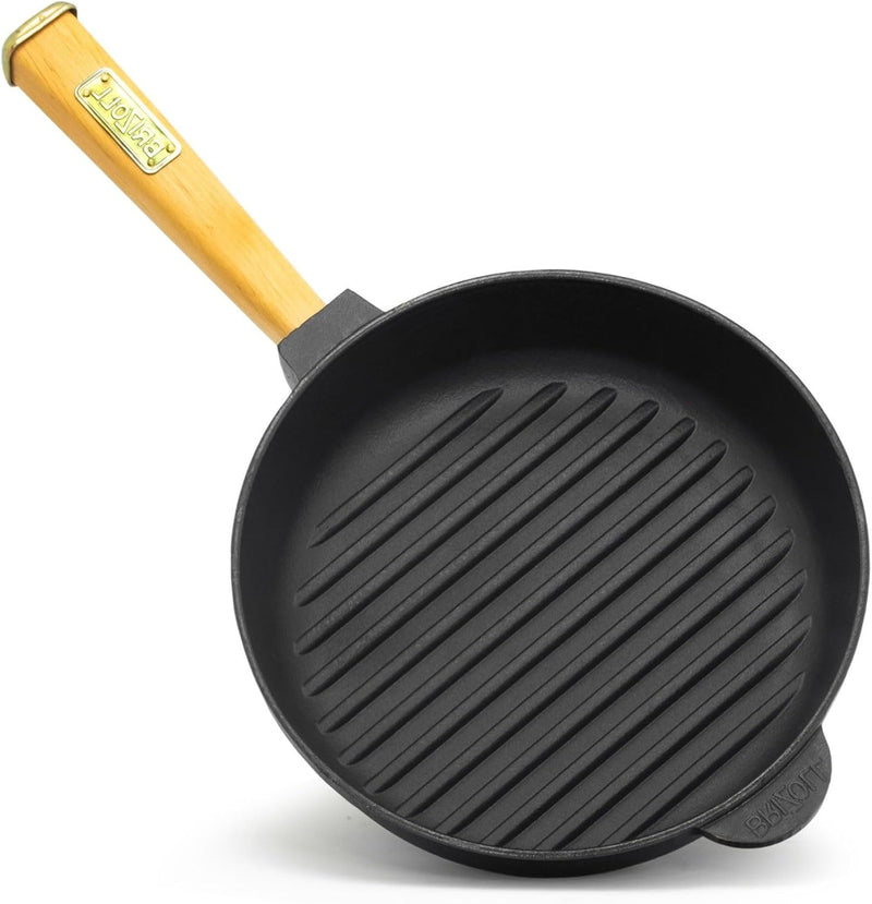 Grillpfanne Gusseisen Steakpfanne Bratpfanne Holzgriff abnehmbar 24 cm Induktion, 24 cm