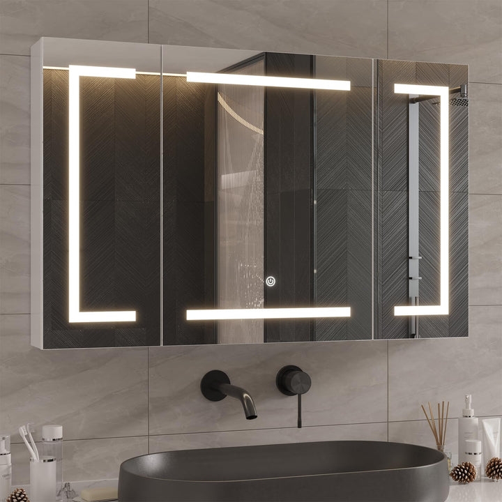 DICTAC Spiegelschrank Bad mit LED Beleuchtung und Steckdose 100x60x13.5 cm Metall Bad Spiegelschrank