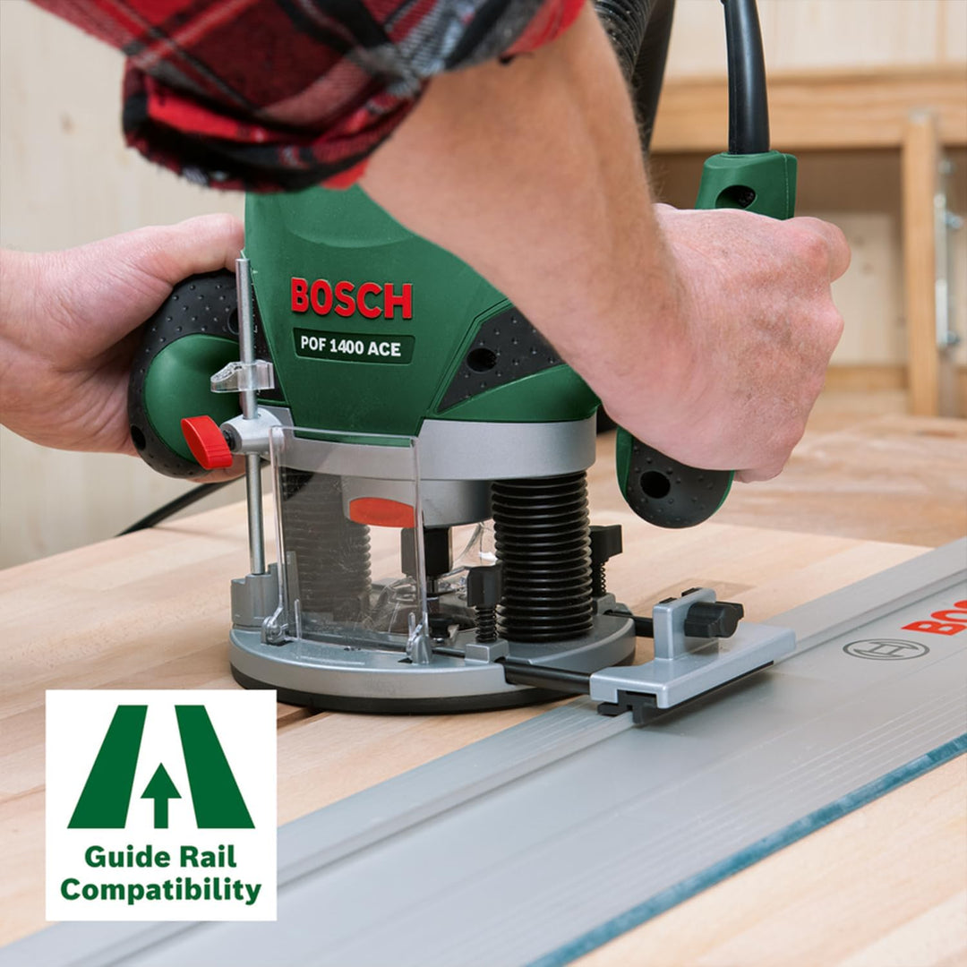 Bosch Home and Garden Oberfräse POF 1400 ACE (3 x Spannzange, Fräser, Parallelanschlag, Absaugadapte
