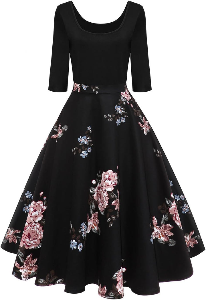 AXOE Damen A-Linie Kleid 60er Jahre Rockabilly 3/4 Ärmel Farbe 4 M, Farbe 4 M
